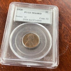 MS64RD 1920 Wheat Penny in Clear Case